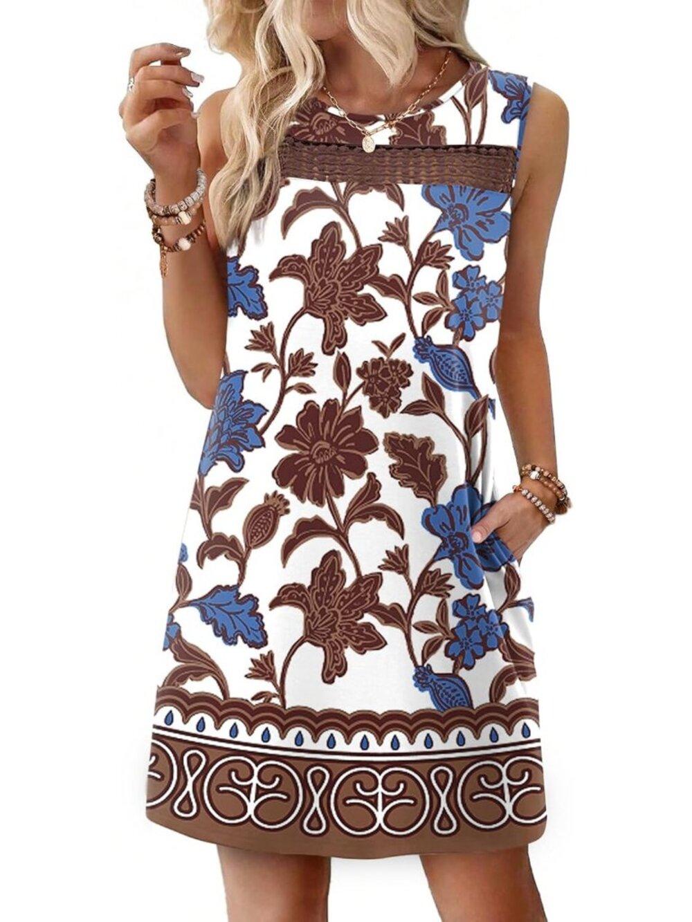 〽️Women's Blue Brown Lace Mini Dress Sleeveless Tank Summer Beach Vacation Wear